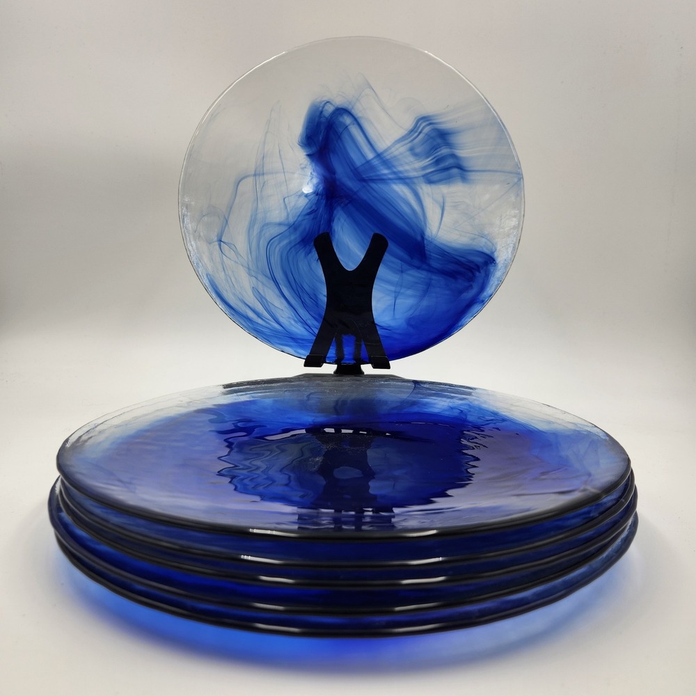 VTG Bormioli Rocco Murano Blue Swirl Glass Dinner Plates 10.75" Set of 6 Italy